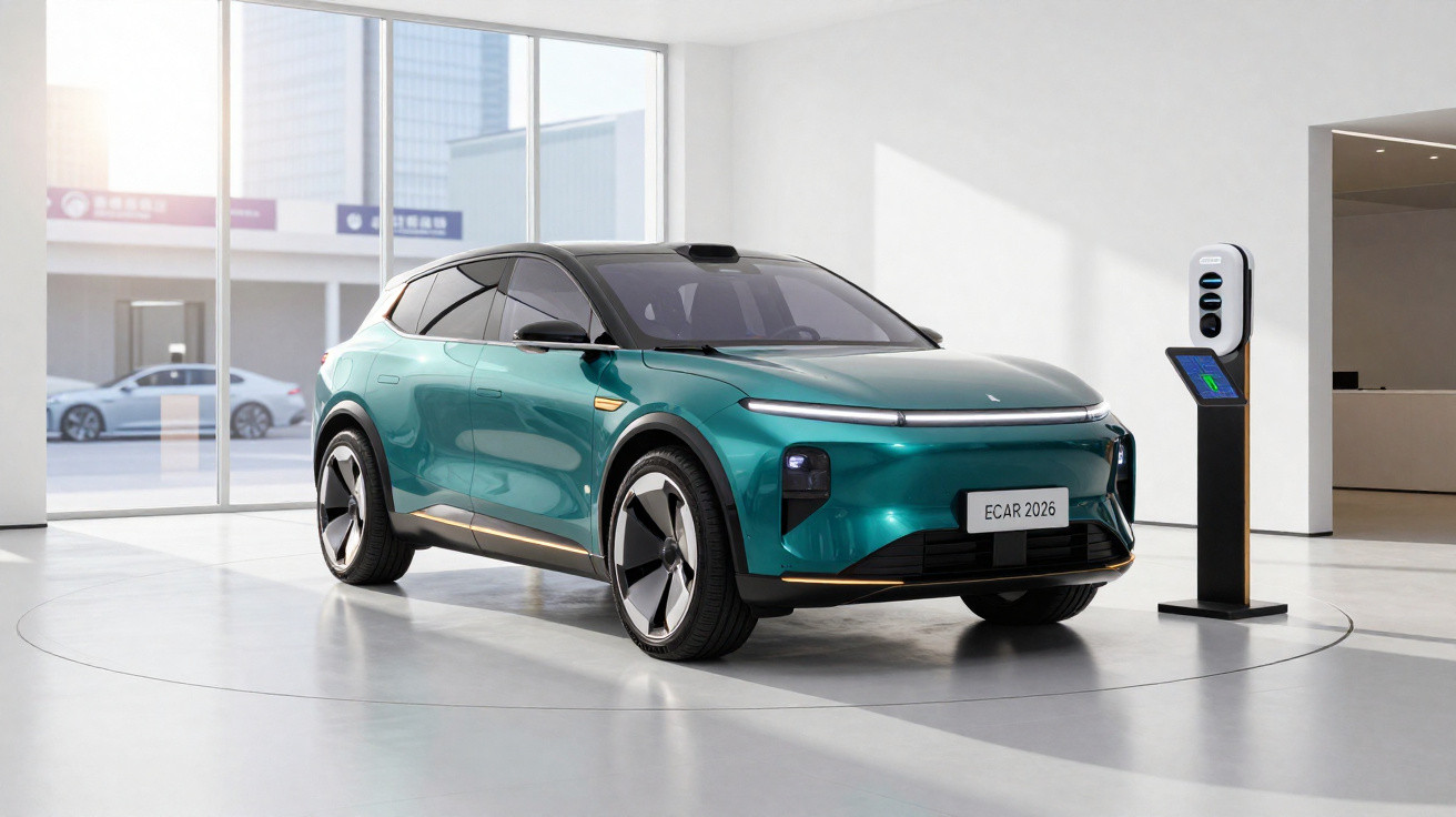 Carro elétrico SUV verde futurista em showroom moderno com estação de recarga ao lado.
