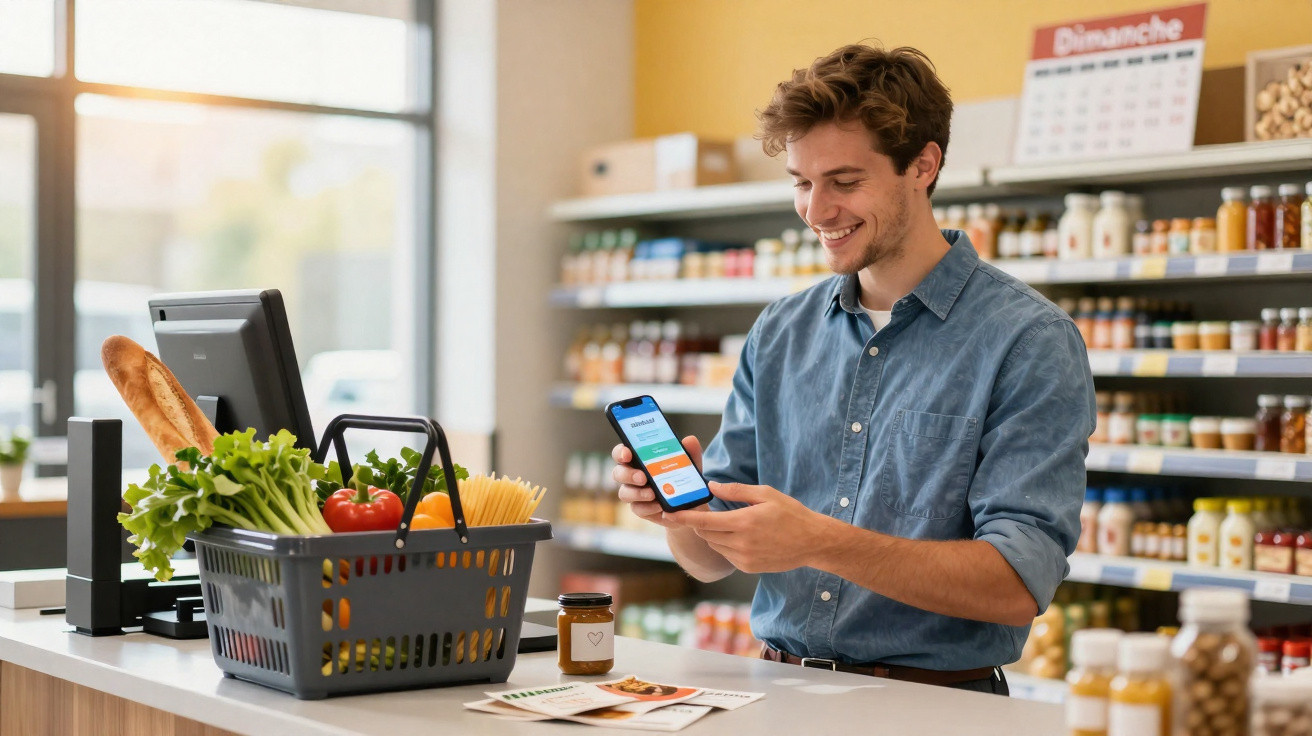 Homem em loja de produtos naturais usando aplicativo no celular com cesta de compras ao lado.