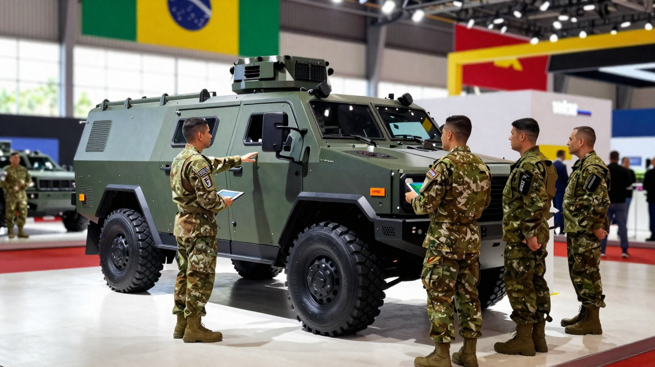 Quatro militares observam e analisam veículo blindado verde em exposição com bandeira do Brasil ao fundo.