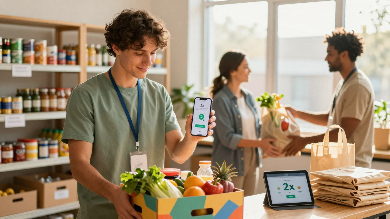Jovem voluntário segurando caixa com alimentos e mostrando celular em ambiente de supermercado solidário.