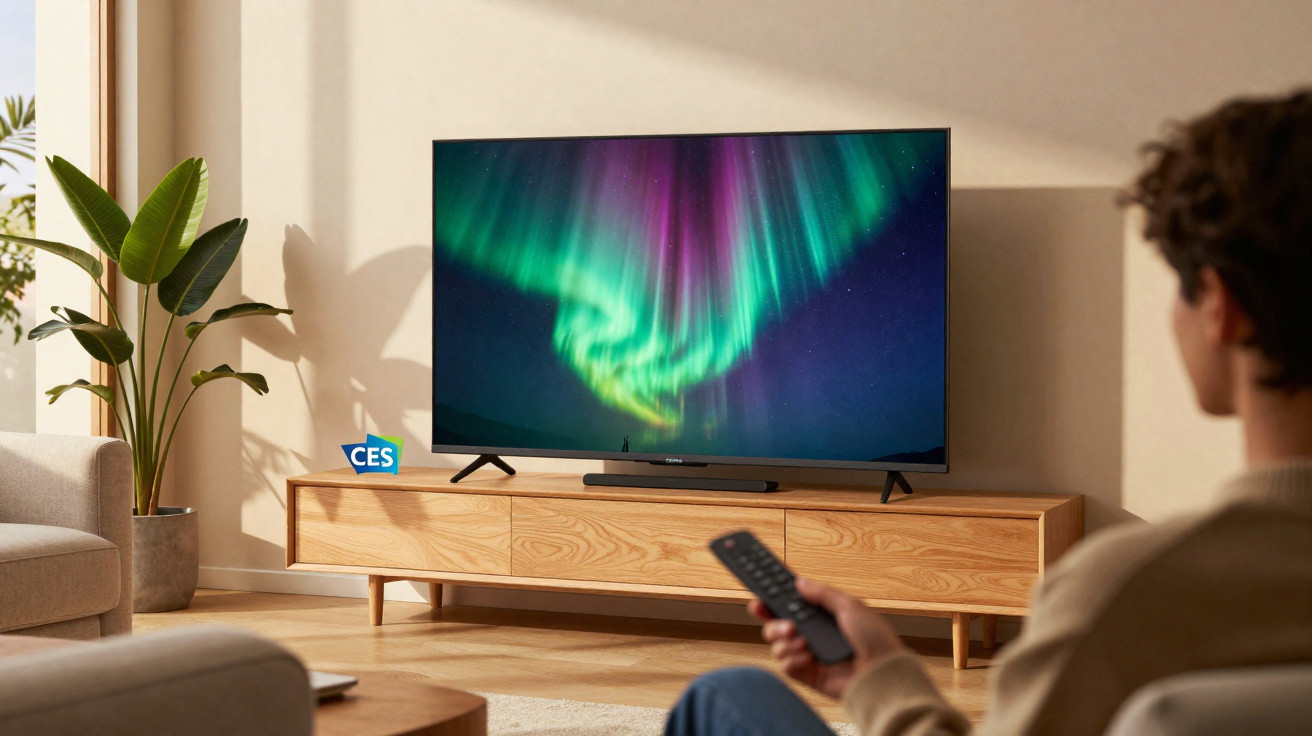 Pessoa assistindo TV em sala iluminada, tela exibe aurora boreal com tons verdes e roxos.