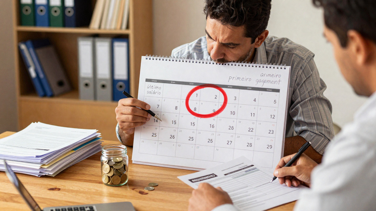 Homem mostra calendário com data marcada em vermelho enquanto outra pessoa preenche formulário em mesa com moedas e documento