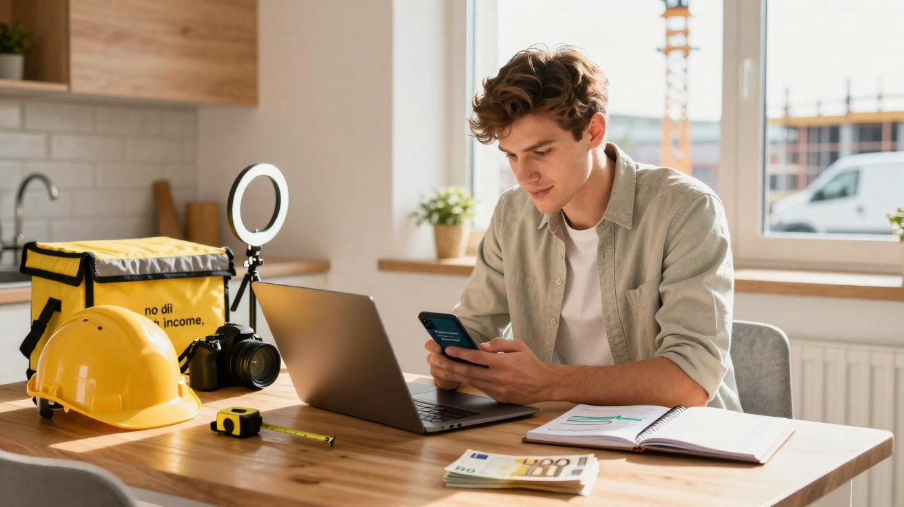 Jovem sentado à mesa com laptop e celular, rodeado por materiais de trabalho, em ambiente iluminado.