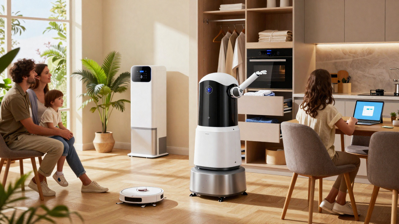 Robô doméstico branco e preto com braço robótico em cozinha moderna com família e aspirador robô no chão.
