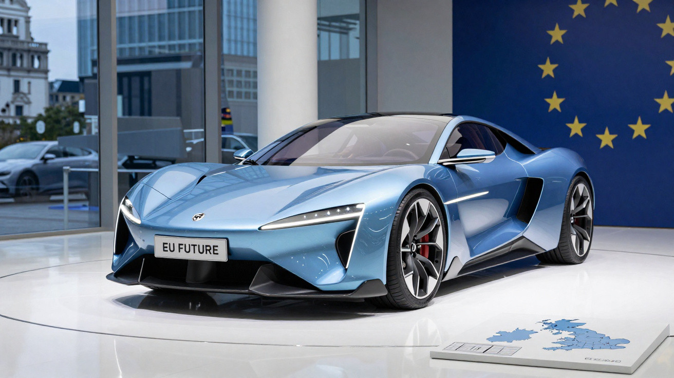 Carro esportivo elétrico azul futurista modelo EU Future exibido em salão com bandeira da União Europeia ao fundo.