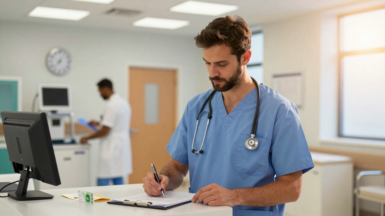 Médico de jaleco azul escrevendo em prancheta em recepção de hospital com monitor ao lado.