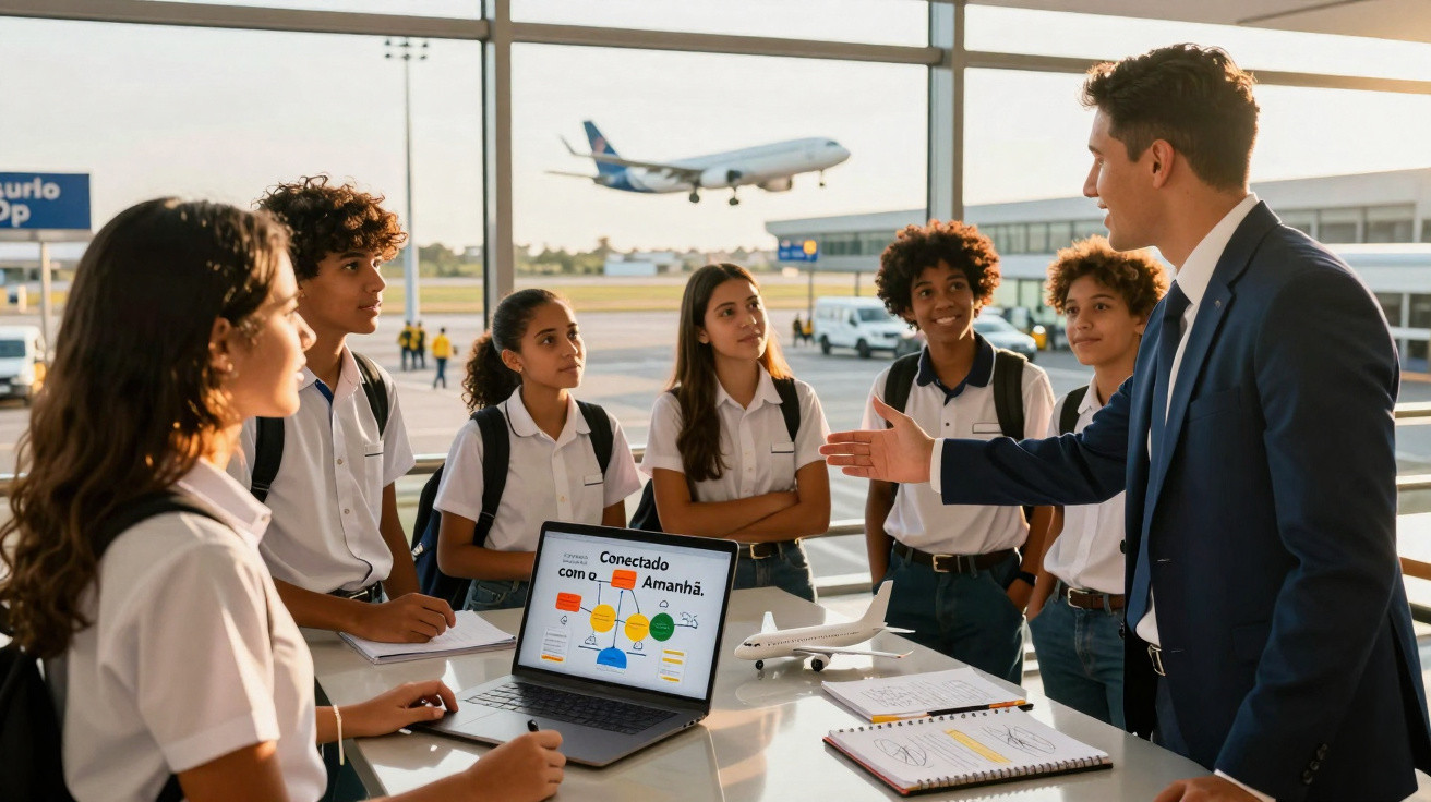 Grupo de estudantes em uniforme no aeroporto assistindo a apresentação de um homem com laptop sobre aviação.