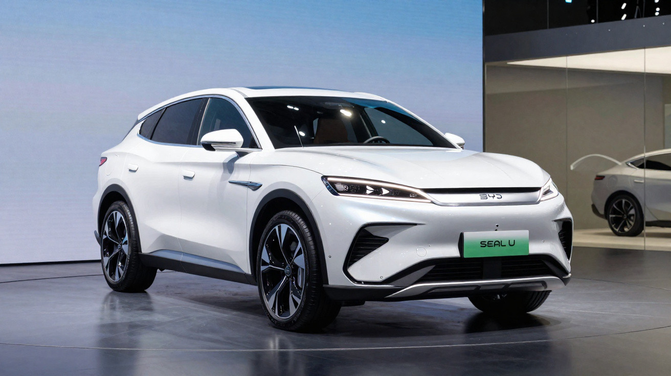 Carro elétrico SUV branco BYD Seal U exposto em salão com luzes e reflexos no piso.