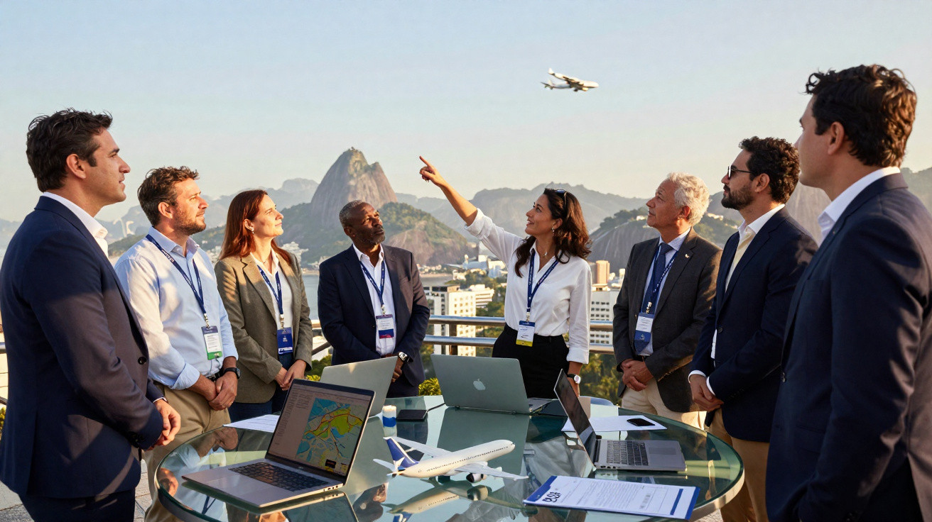 Equipe de profissionais reunida em reunião ao ar livre com laptops e avião sobrevoando ao fundo no Rio de Janeiro.