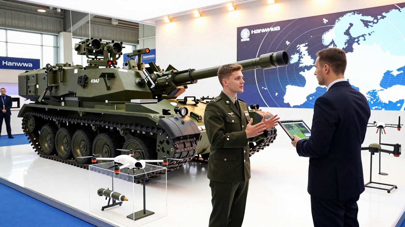 Tanque militar exposto em feira, com dois homens conversando, um deles em uniforme e o outro em terno.
