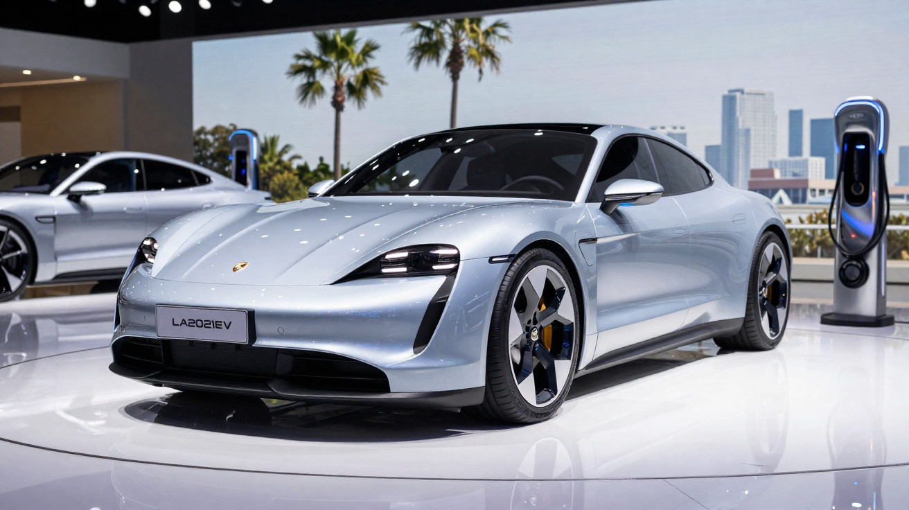 Carro elétrico esportivo prata Porsche Taycan exposto em salão com estação de carregamento ao lado.