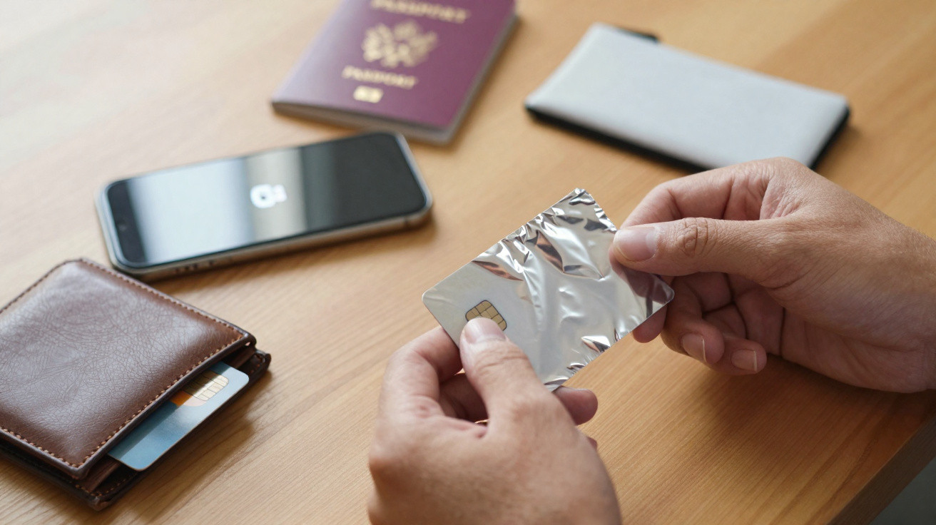 Pessoa segurando cartão de crédito protegido por papel alumínio, com celular, carteira e passaporte sobre mesa.