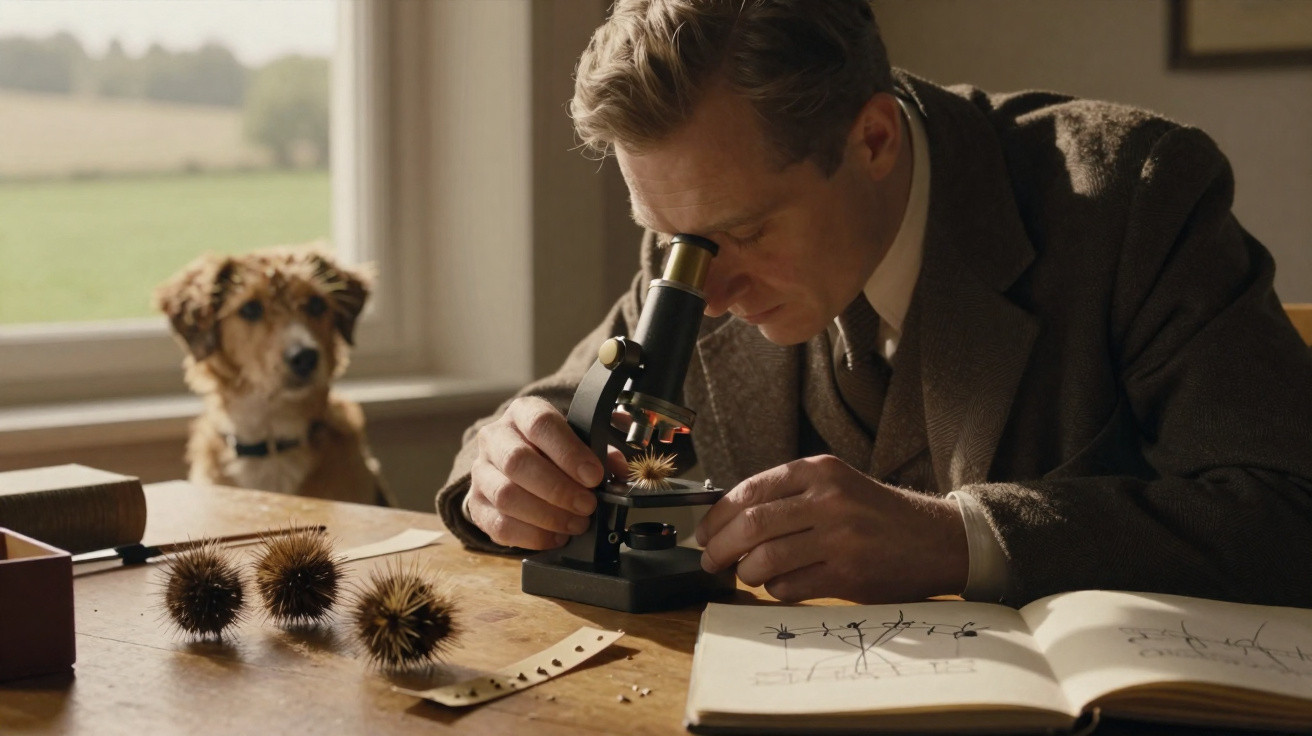 Homem observa amostra em microscópio com cachorro ao fundo em ambiente rústico ao lado de herbário aberto.