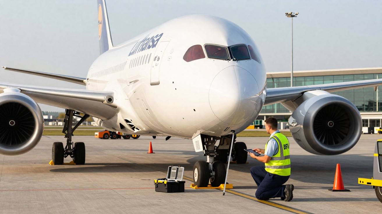 Técnico realiza inspeção em avião branco estacionado no pátio do aeroporto em dia claro.