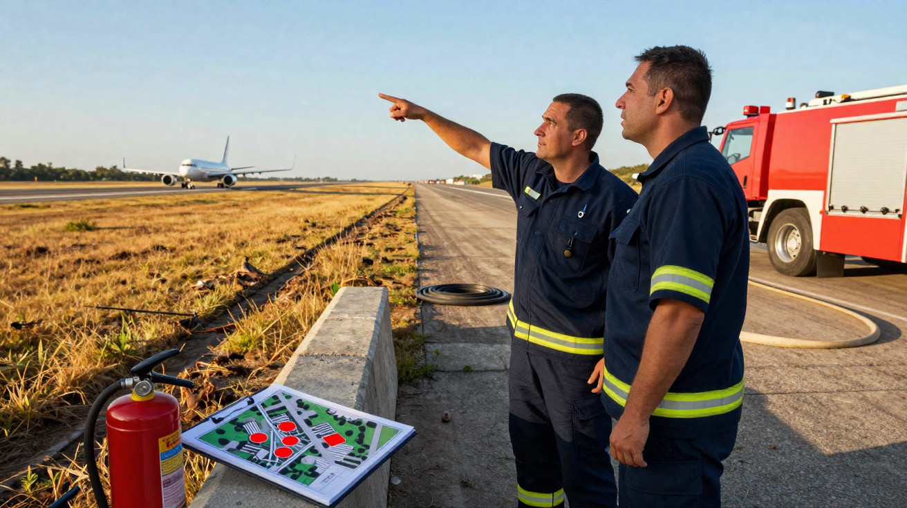 Dois bombeiros observam e apontam para um avião na pista, com caminhão de bombeiros e equipamentos ao redor.