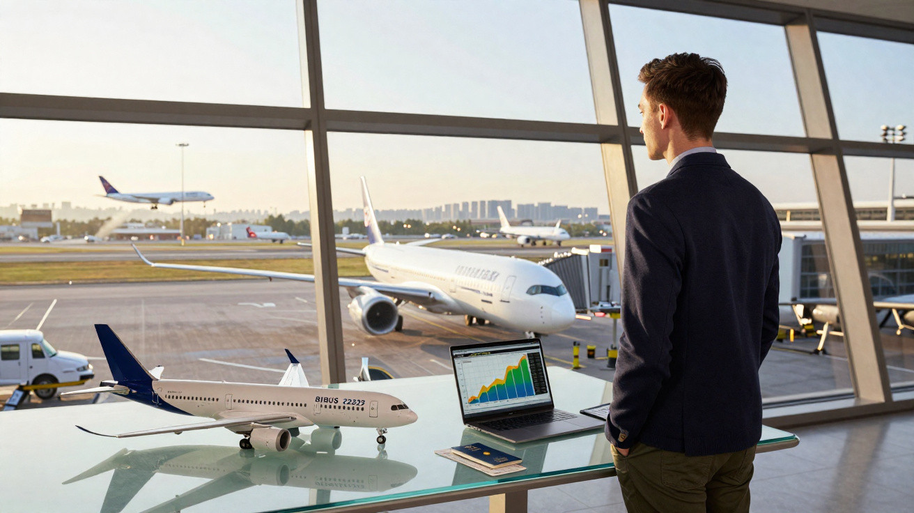Homem olhando pela janela do aeroporto com maquete de avião, laptop com gráficos e passaporte na mesa.
