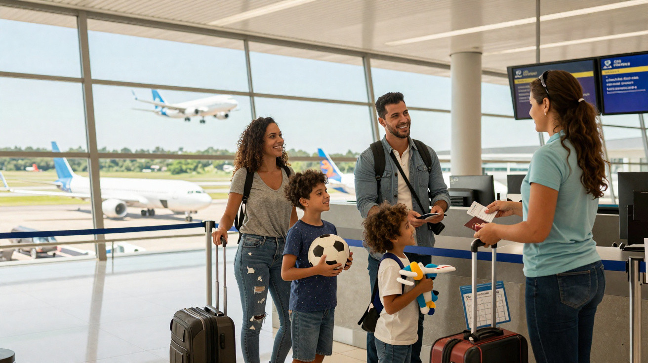 Família no balcão do aeroporto com malas e brinquedos, funcionário confere documentos para embarque.