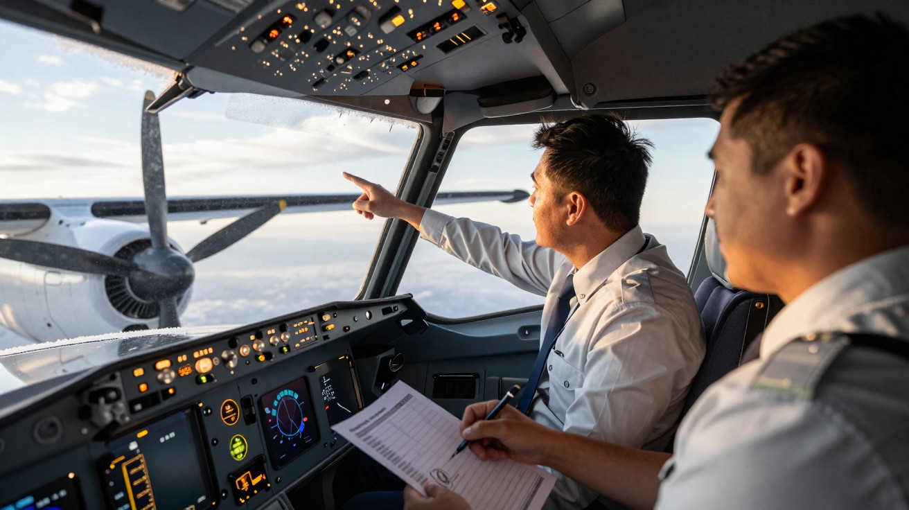 Dois pilotos em uniforme operam instrumentos e observam o motor do avião durante o voo.