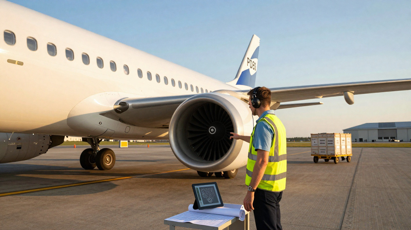 Técnico de segurança em colete refletivo inspecionando motor de avião no pátio do aeroporto ao pôr do sol.