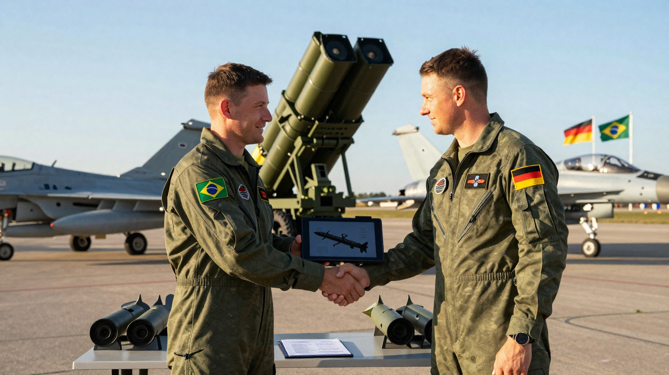 Dois militares, um brasileiro e um alemão, apertam as mãos em pista de avião com mísseis ao fundo.