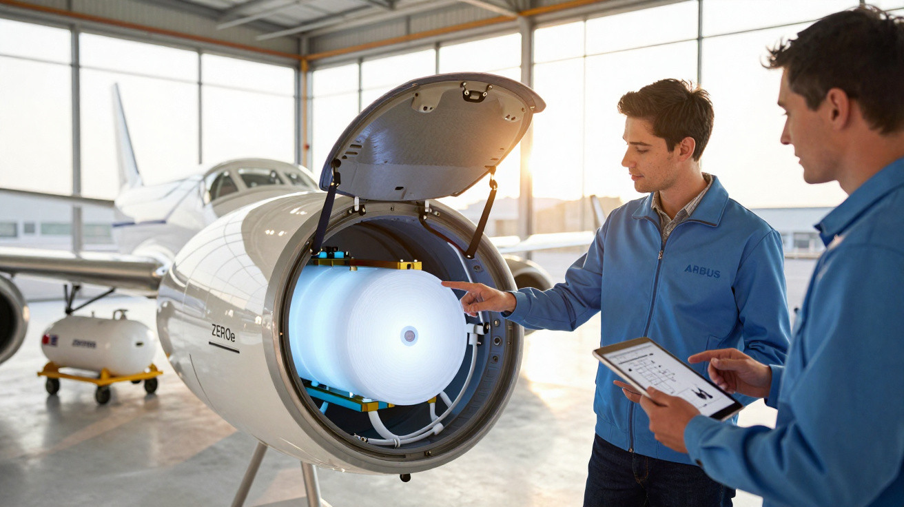 Dois técnicos inspecionando componente iluminado na dianteira de uma aeronave em hangar.