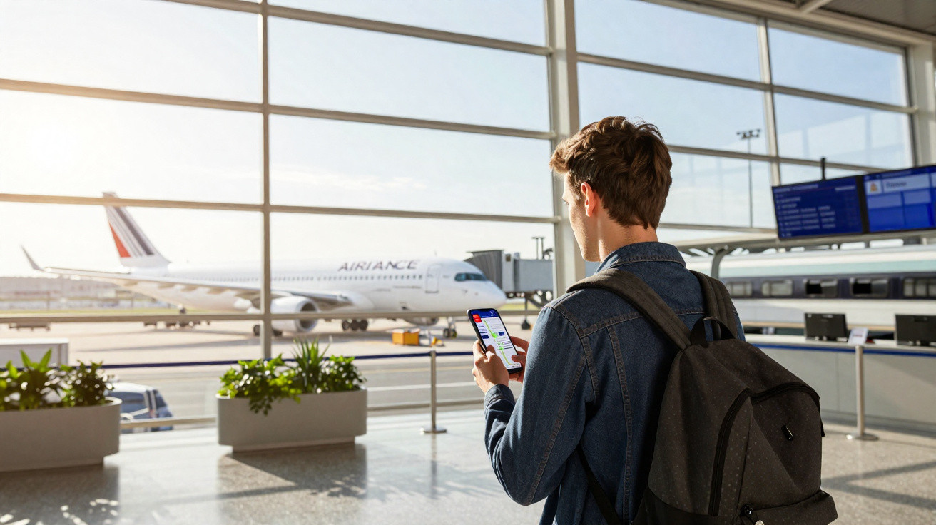 Jovem com mochila verifica celular em aeroporto com avião da Air France ao fundo em dia ensolarado.