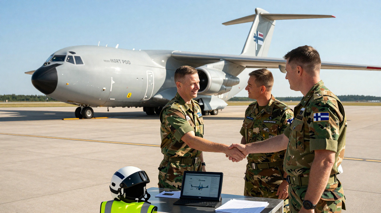 Três militares em uniforme camuflado apertam as mãos próximos a mesa com laptop e capacete, com avião militar ao fundo.