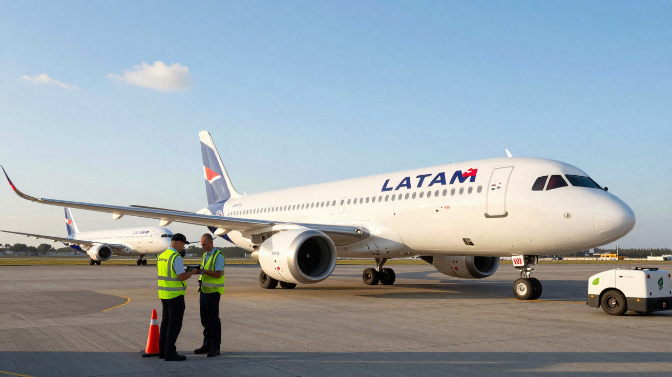 Avião da LATAM parado no aeroporto com dois funcionários em coletes conversando próximo à aeronave.