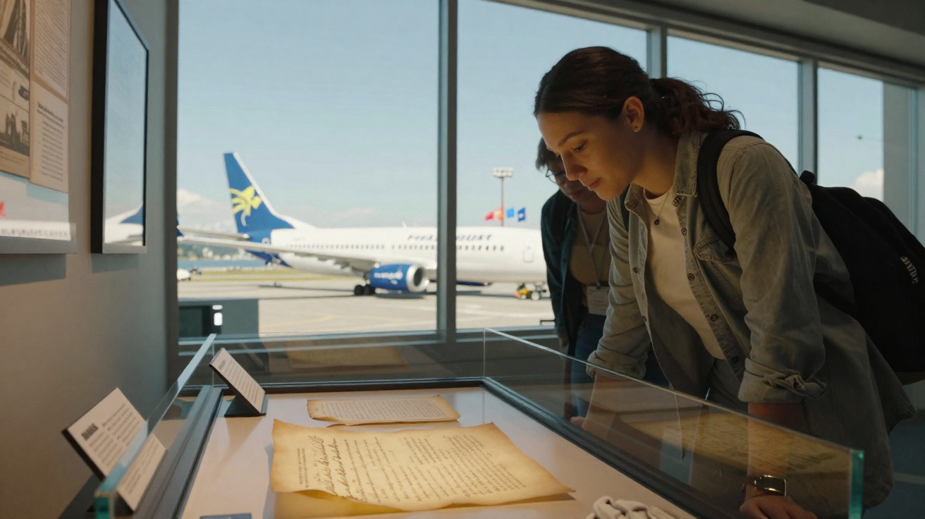 Mulher observa documentos antigos em vitrine de museu com avião estacionado ao fundo na janela.