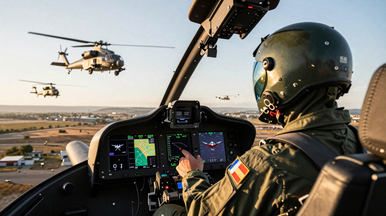 Piloto militar dentro de helicóptero com painéis eletrônicos, usando capacete e com formação de helicópteros ao fundo.