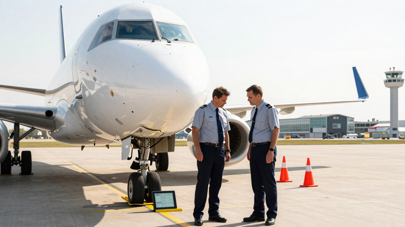 Dois pilotos conversam em frente a um avião parado no pátio do aeroporto durante o dia.