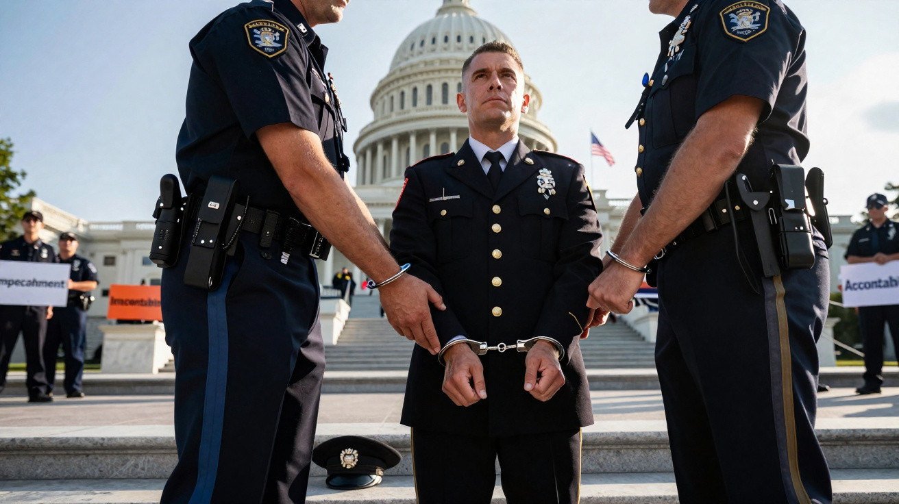 Policial algemado entre dois oficiais na frente do Capitólio dos EUA durante protesto.
