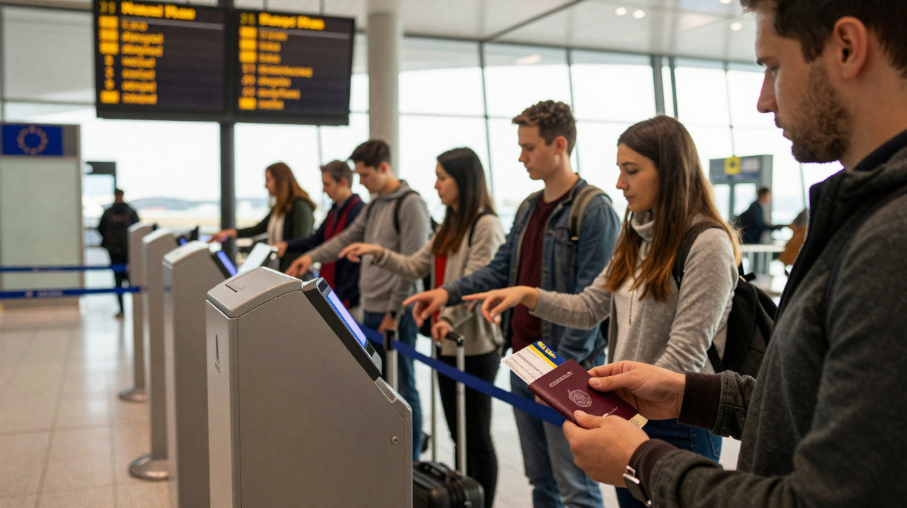 Pessoas usando totens de autoatendimento para registrar voo em aeroporto moderno.