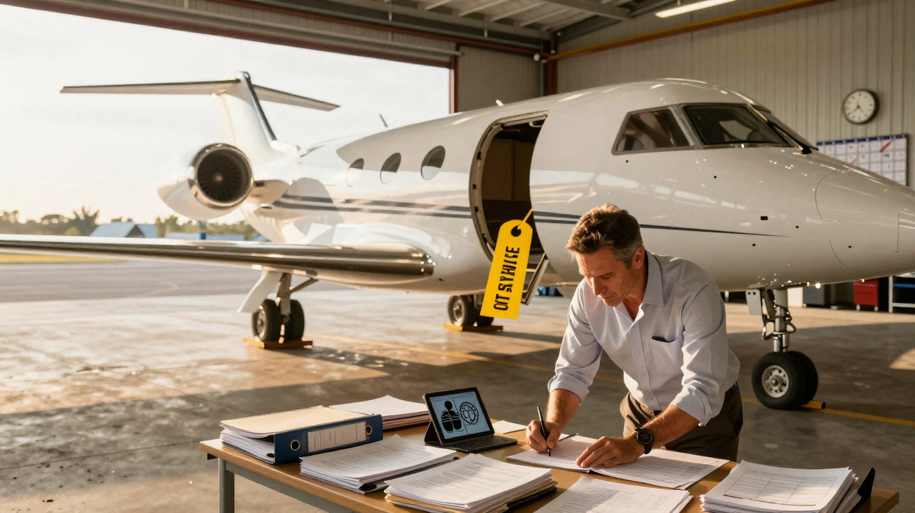 Homem assinando documentos em hangar ao lado de jato particular com placa "Out of Service" na porta aberta.