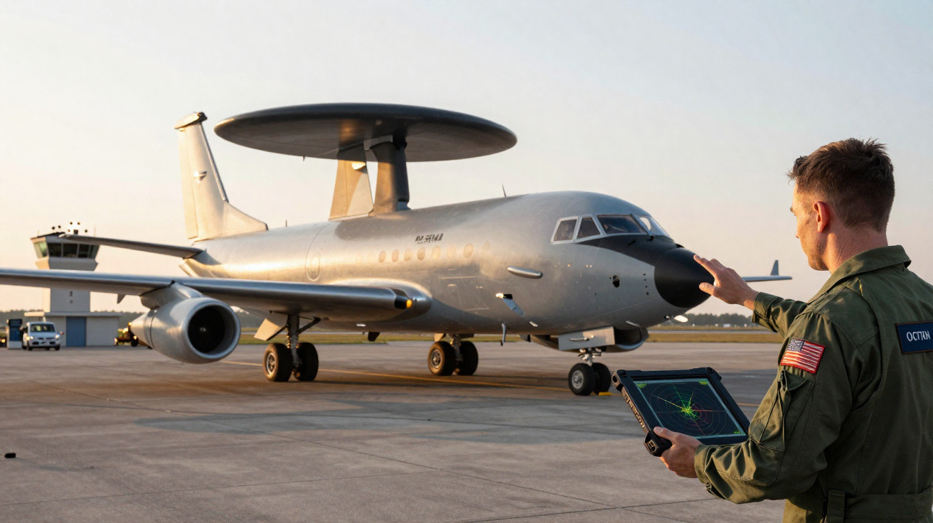 Avião militar AWACS estacionado em pista com piloto segurando tablet e tocando a aeronave.