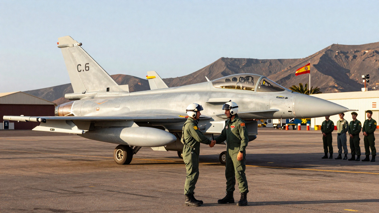 Dois pilotos militares de uniforme verde e capacete apertam as mãos em frente a um caça cinza estacionado.