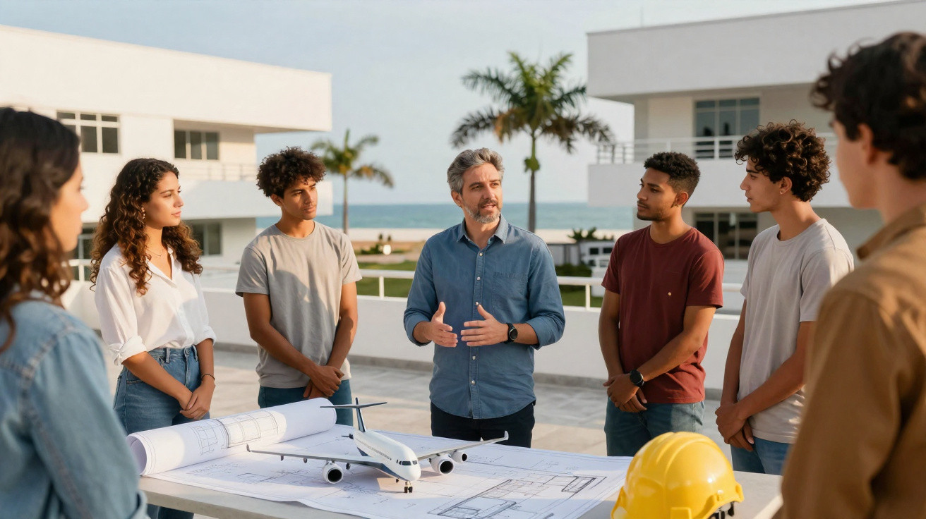 Grupo de pessoas discutindo projeto com maquete de avião e plantas arquitetônicas ao ar livre.