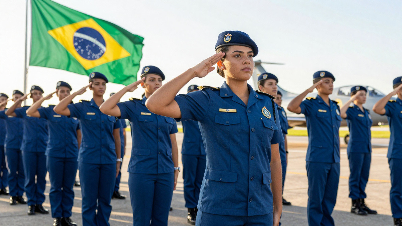 Grupo de militares femininas em uniforme azul fazendo continência com bandeira do Brasil ao fundo.