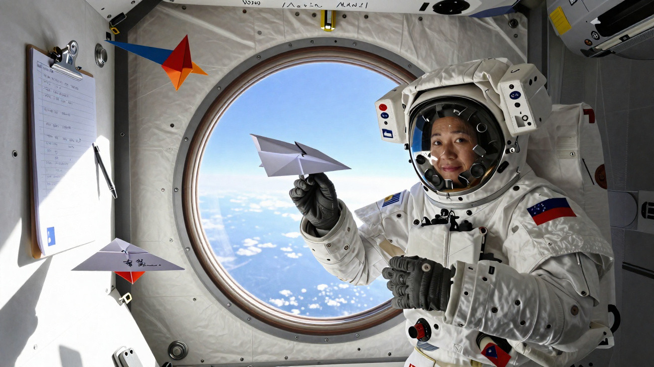 Astronauta em traje espacial segura avião de papel dentro da Estação Espacial Internacional.