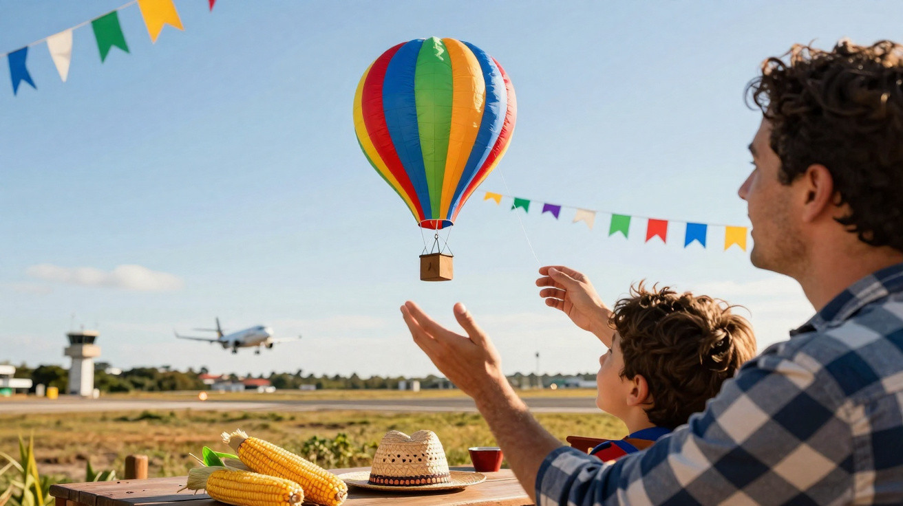 Pai e filho soltam pipa de balão colorido em área externa com bandeirinhas e avião ao fundo.