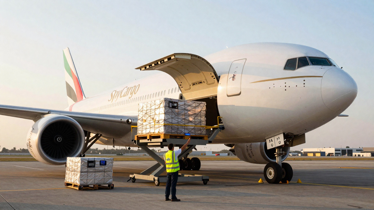 Funcionário carregando carga em avião de carga da SkyCargo em aeroporto ao entardecer.
