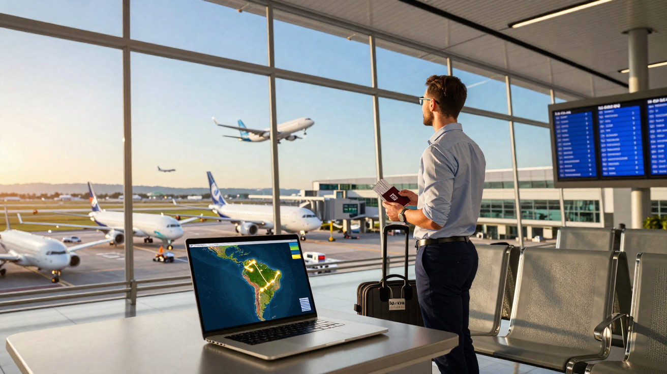 Homem com passaporte e mala observa avião decolando em aeroporto com laptop mostrando mapa da América do Sul.