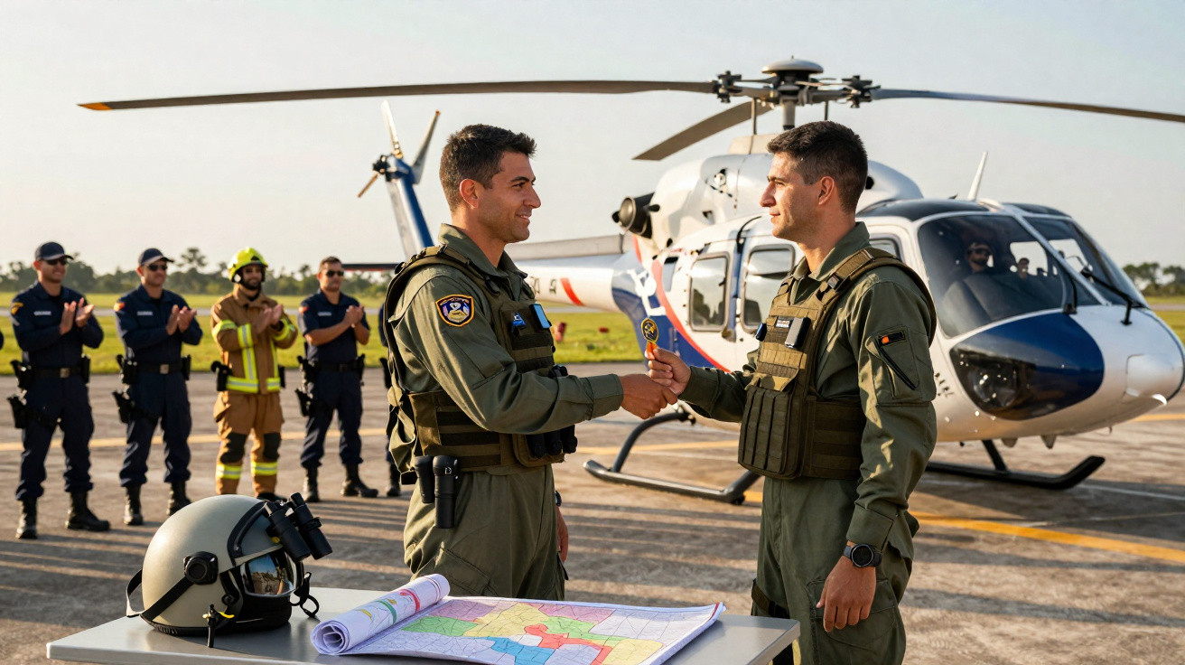 Dois pilotos militares apertando as mãos diante de helicóptero, com equipe de apoio ao fundo.