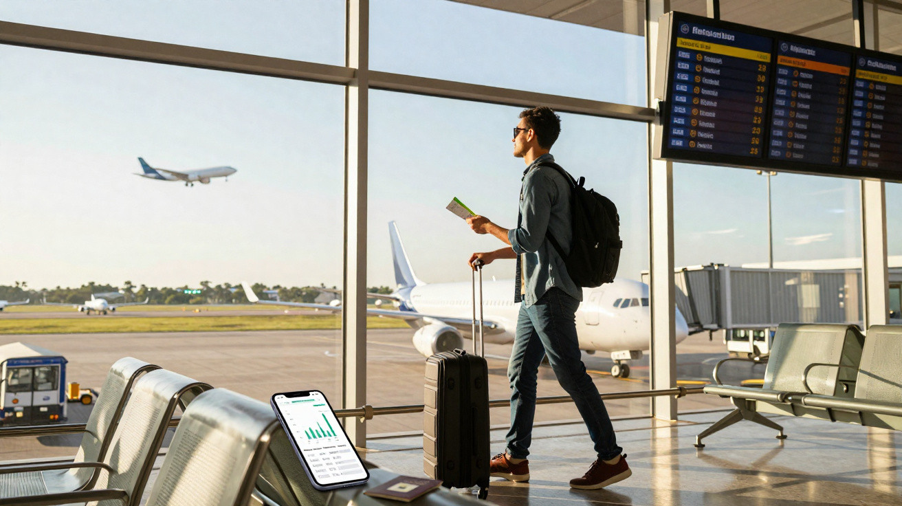 Homem com mochila e mala observa avião decolando em aeroporto moderno com painéis de voos no fundo.