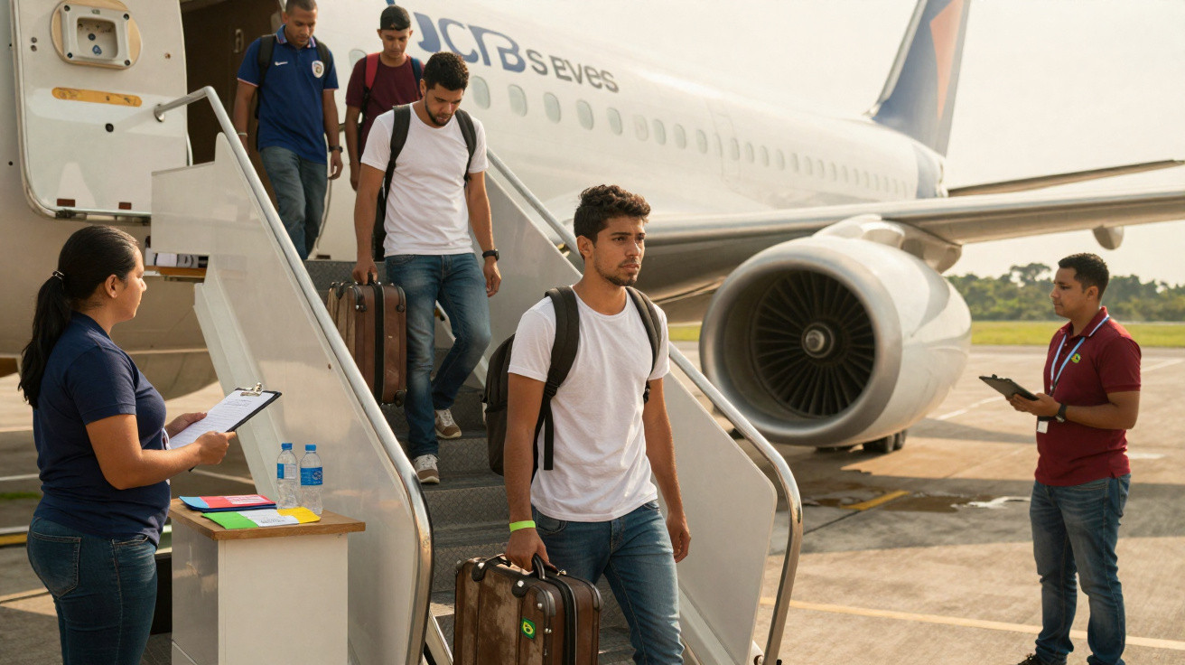 Jovens descem de avião com malas, recebidos por funcionários em pista de aeroporto ensolarada.