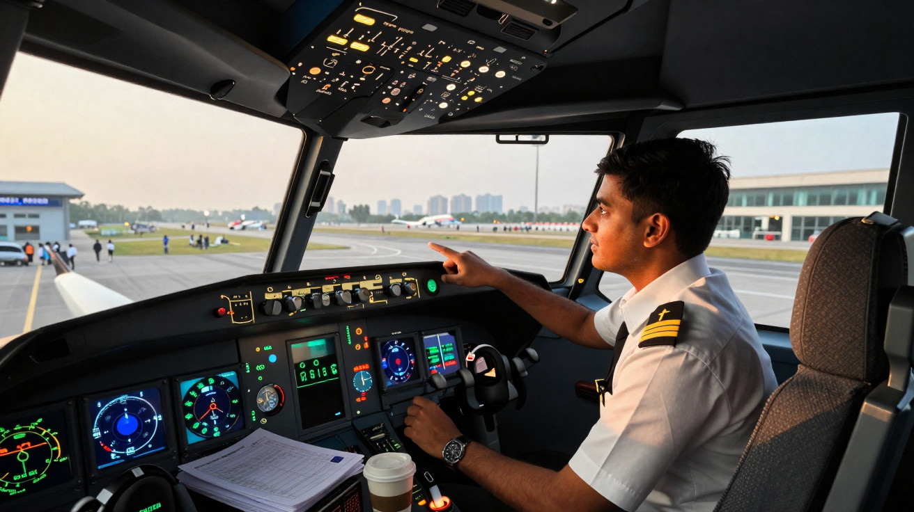 Piloto em uniforme manipulando controles no cockpit de avião com pista e edifícios ao fundo.