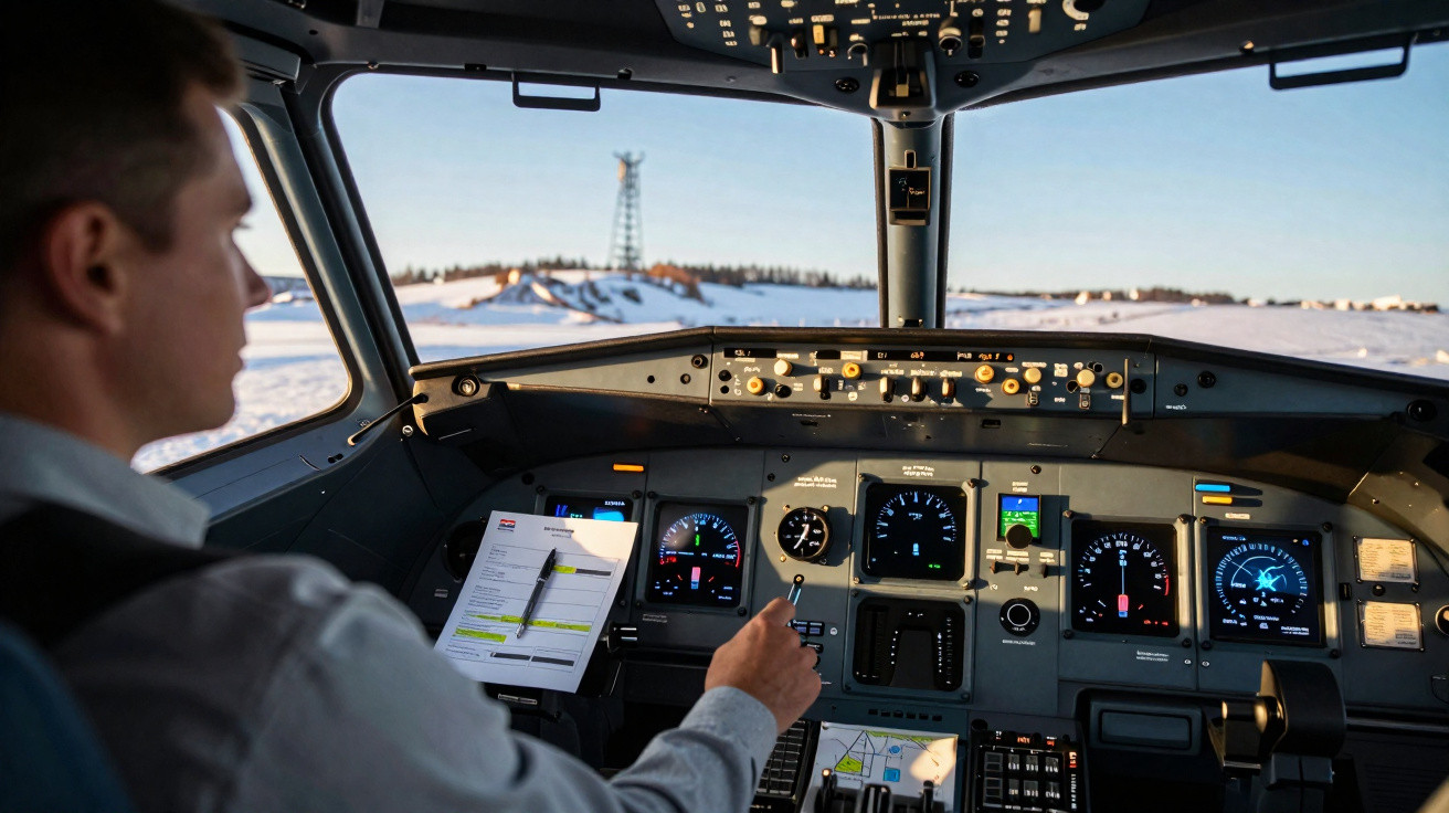 Piloto em cabine de avião com painel de controle e visão externa de área nevada e torre de radar.