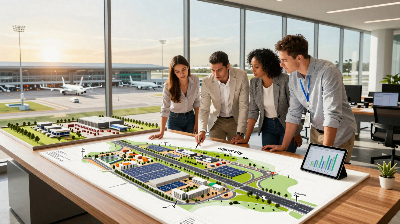 Equipe de quatro pessoas analisando maquete de projeto arquitetônico em escritório com vista para aeroporto.