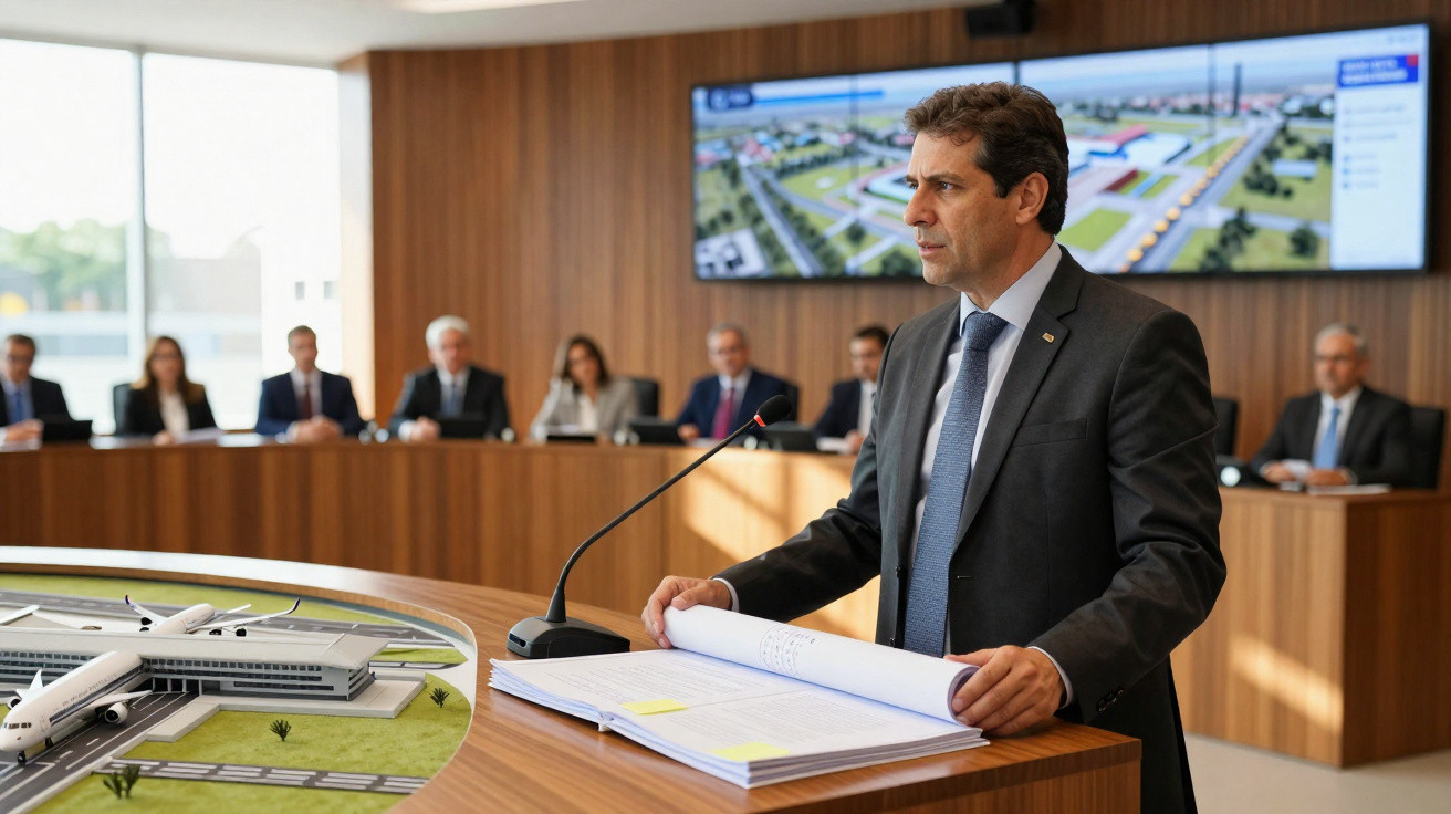 Homem de terno fala em reunião formal com maquete de aeroporto e grupo de pessoas ao fundo.