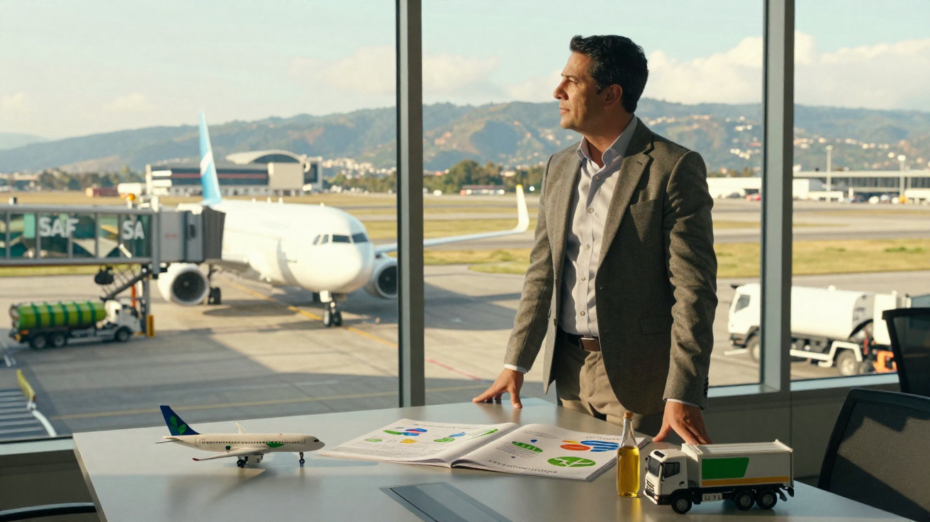 Homem de terno observa pelo vidro aeroporto com avião, enquanto está à mesa com miniaturas e gráficos.